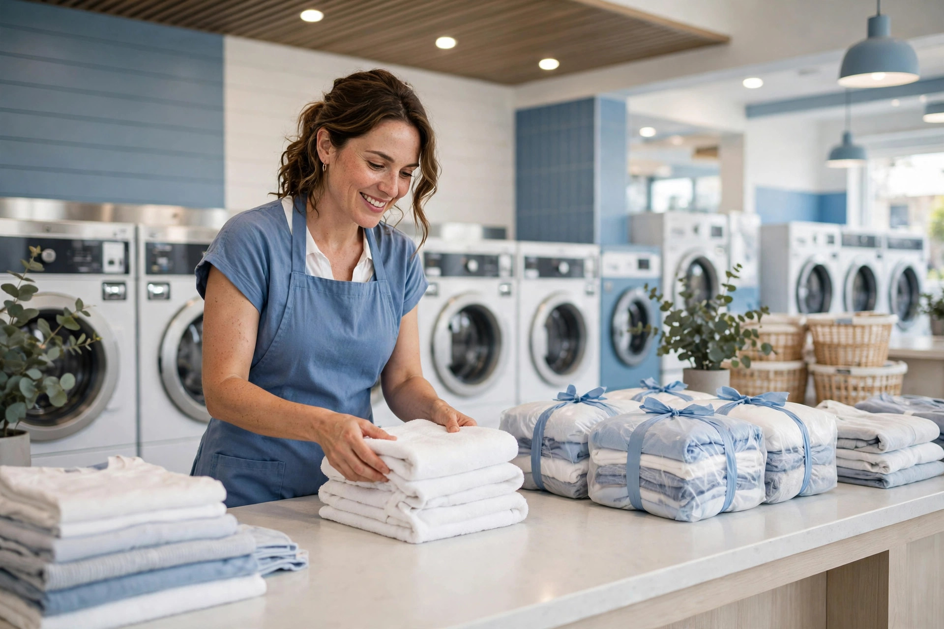 Attendant folding laundry for a drop-off order at The Laundry Barn